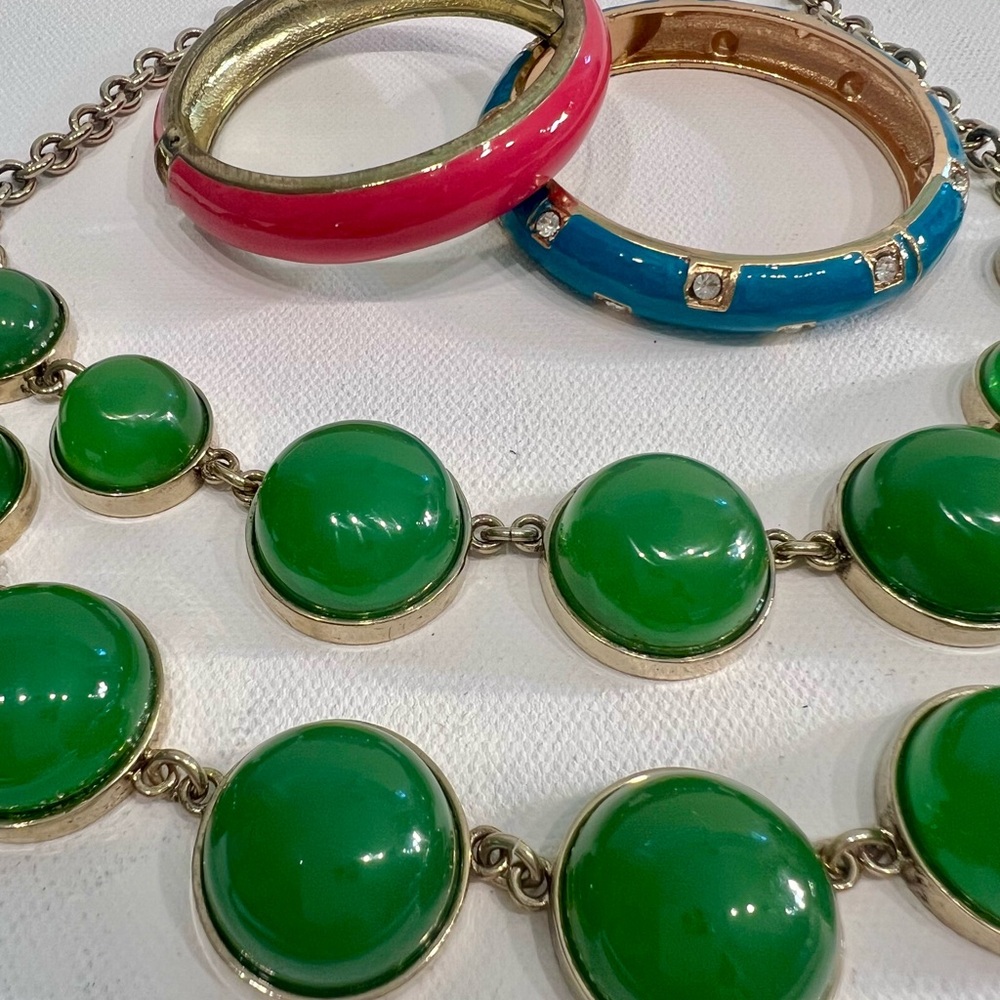 Green Enamel Beaded Necklace and Two Enamel Bracelets